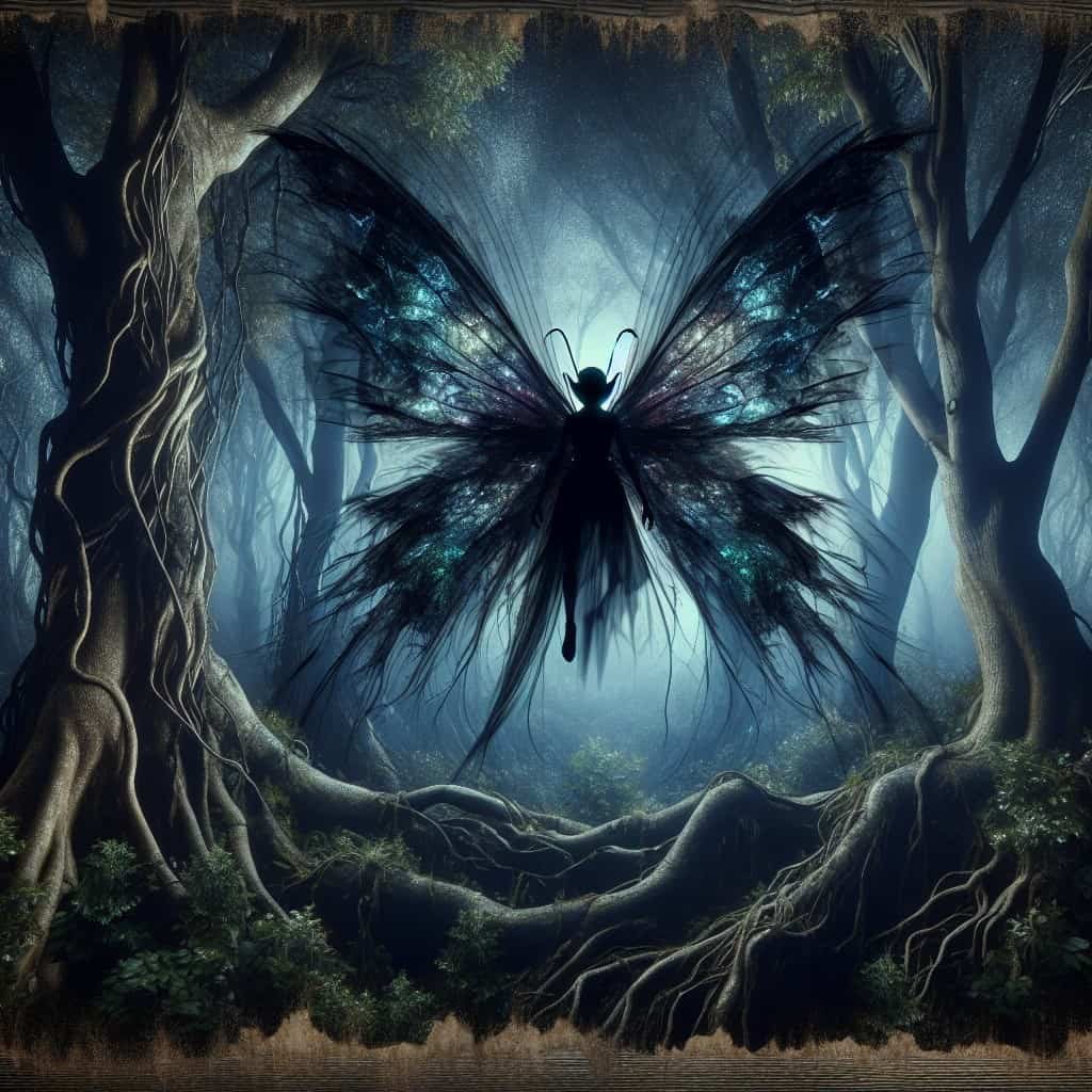 A dark fairy flying in the woods