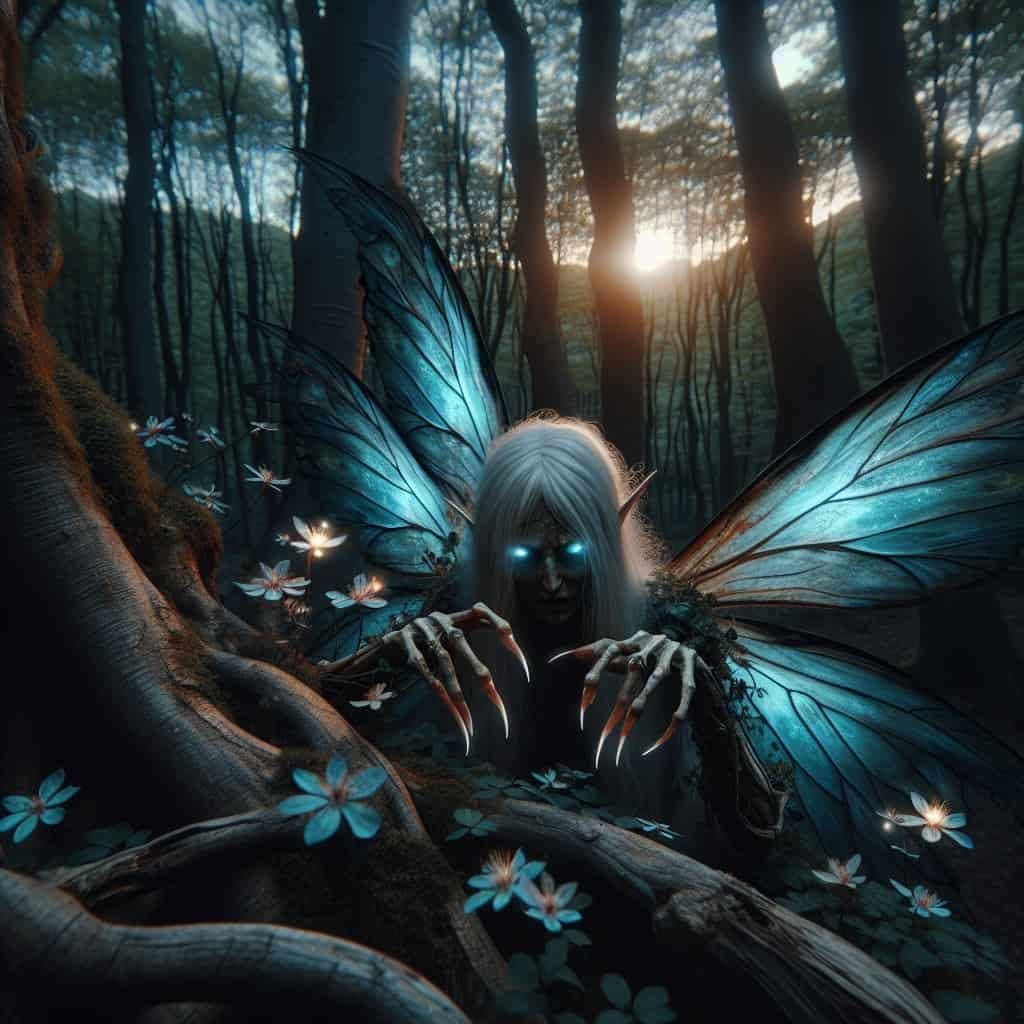 A dark fairy with glowing eyes in a forest