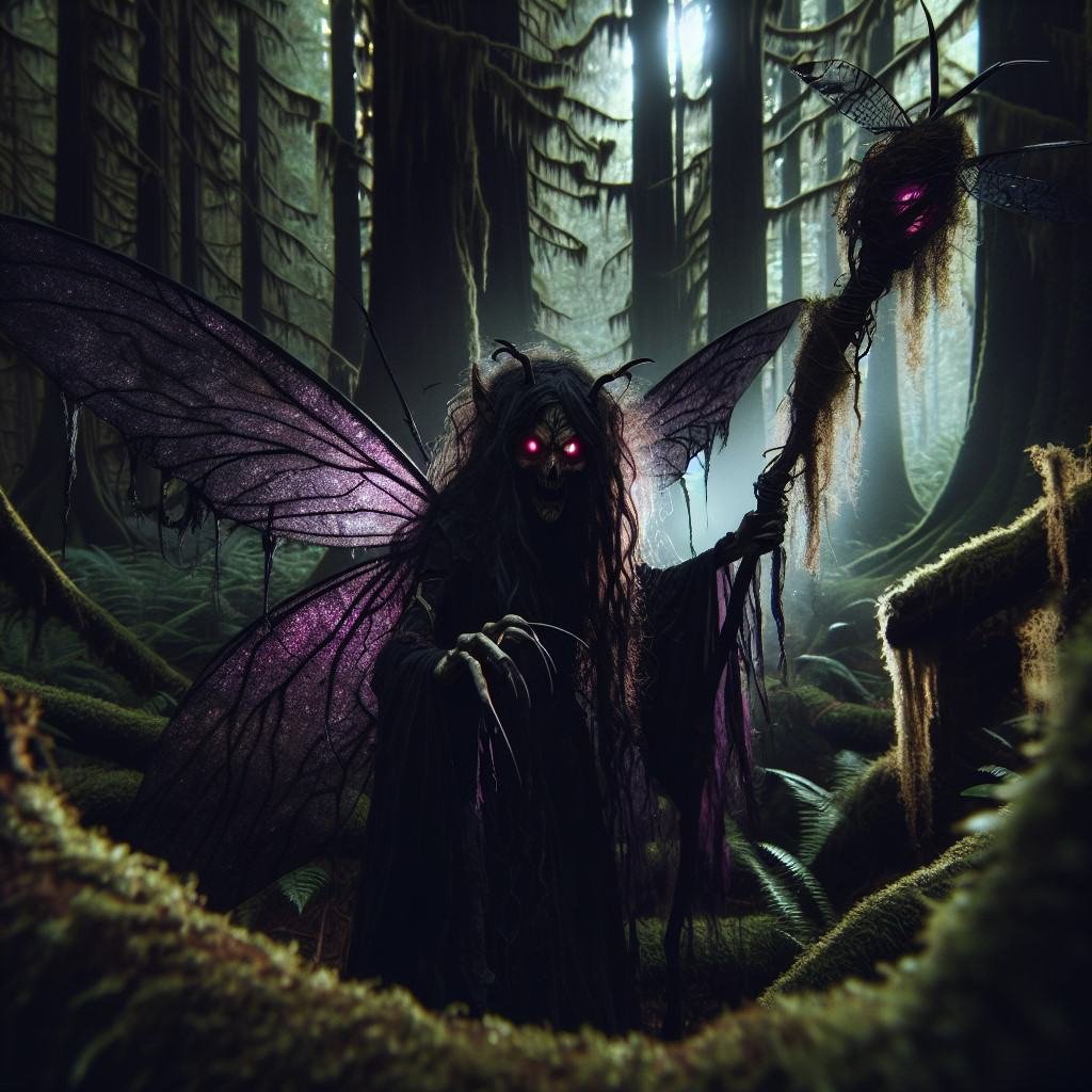 An evil fairy with glowing purple eyes in the woods